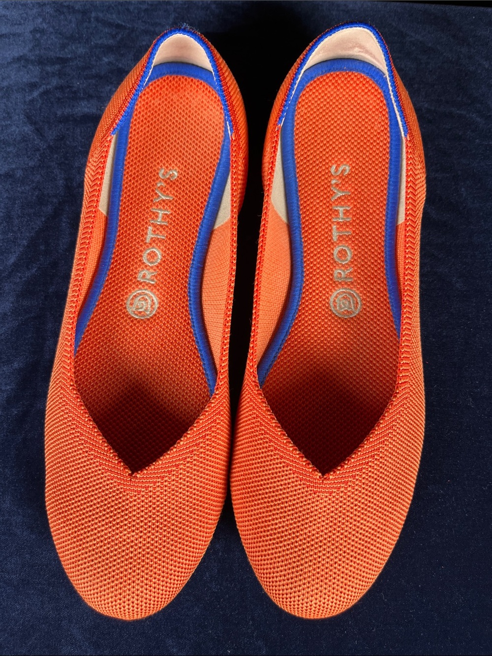 Rothy's Orange Knit Pointed-Toe Flats with Blue Trim Size 9.5